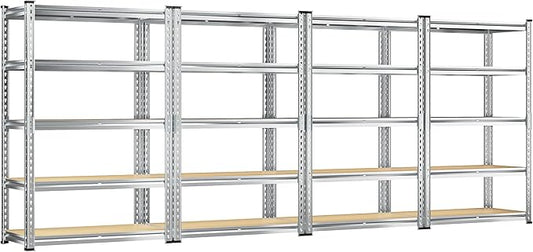 REIBII Garage Shelving, 5 Tier Storage Shelves Load 2400LBS, Adjustable Garage Shelving Heavy Duty, Metal Shelving Unit with Waterproof Columns, 35.5" W x 11.9" D x 72" H, Galvanized, 4 Pack