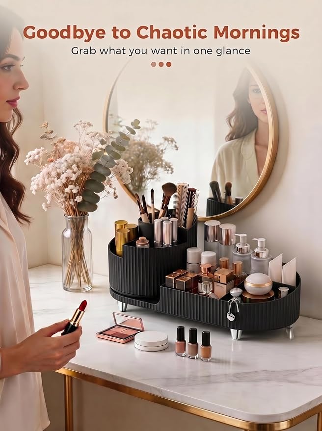 Booklov Rotating Makeup Organizer for Vanity Countertop, Black | Plastic Cosmetic Display Case, Large Beauty Brush Holder for Bathroom Counter, Skin Care Perfumes Storage