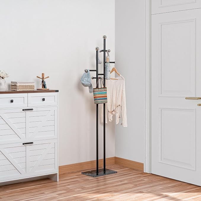 Metal Standing Coat Rack for Entryway Bedroom Living Room (Black) | Easy Assembly, Compact Footprint, Space Saver, Metal Frame, Marble Base, Sturdy, 8 Spherical Hooks, Office, Corner