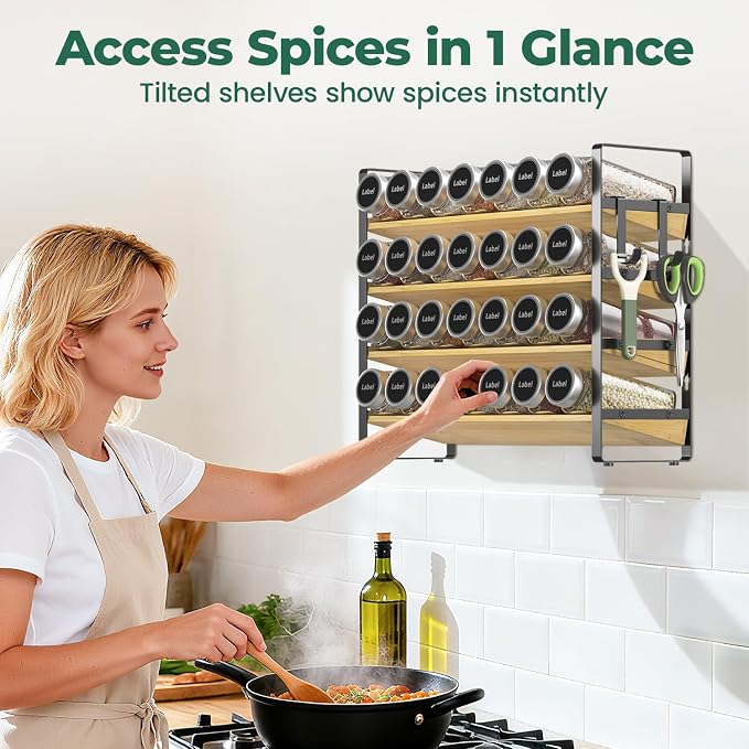 EsLuker.ly Spice Seasoning Rack Organizer Kitchen Countertop, 4 Tier Bamboo | Spice Shelf Holder Storage with 4 Hooks, Wall Mounted Freestanding Stand for Pantry, Quick Spice Access(Jars Not Included)