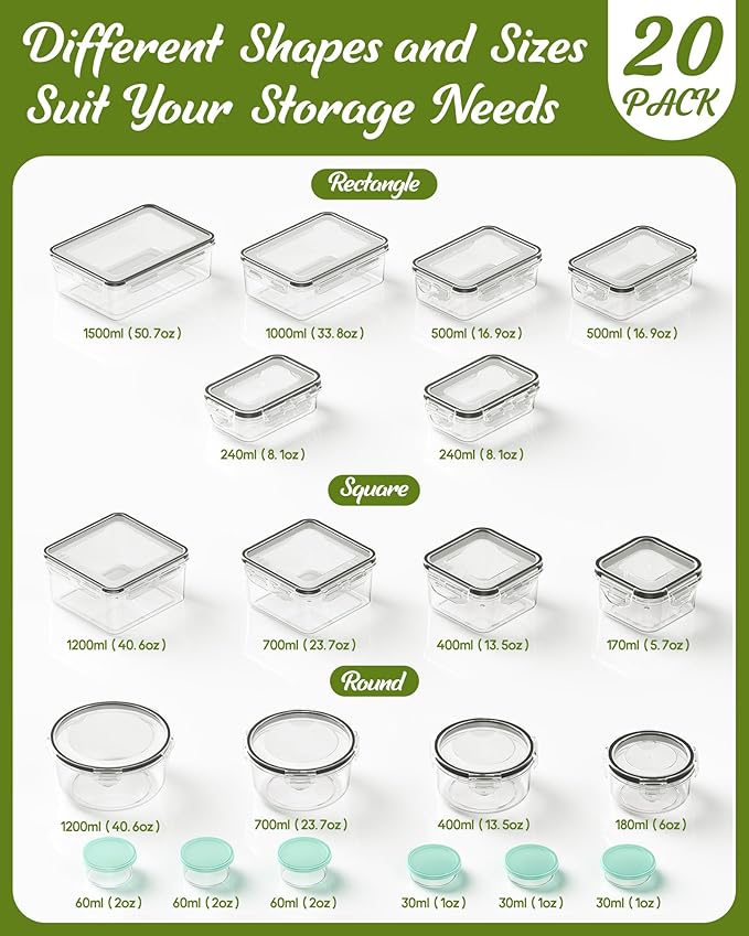 Canfanni 40 Piece Food Storage Containers with Lids, BPA-Free | Includes 20 Containers & 20 Lids,Plastic Food Containers for Kitchen Storage and Organization,Leak Proof Meal Prep Container