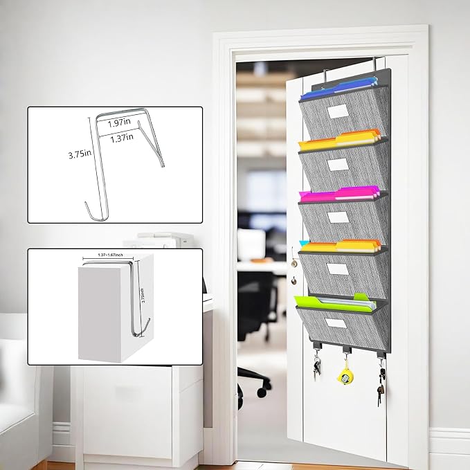 Over the Door File Organizer, Hanging File Folders, Wall Organizers and Storage for Mail, Magazine, Notebooks, Planners, Office, Classroom, 5 Extra Large Pockets, 50.39” Tall (Grey)