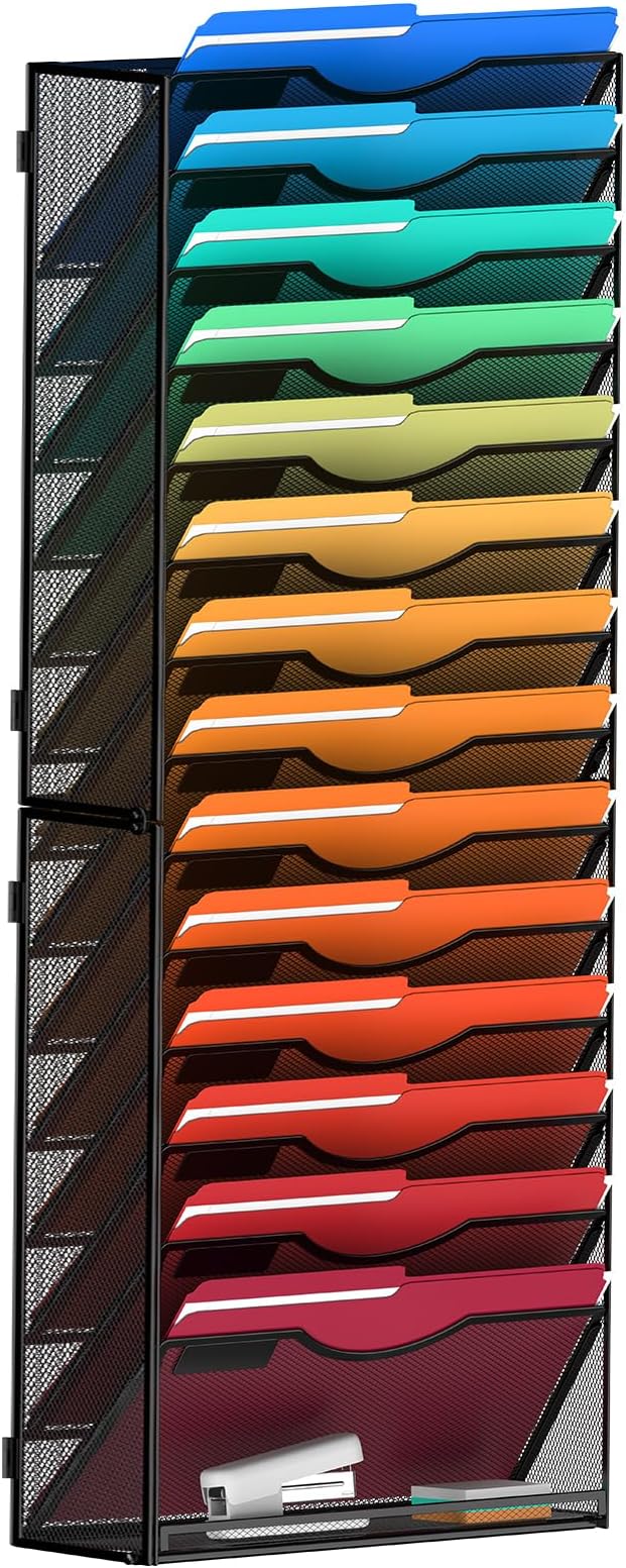 MINDEPOT 15 Tier Wall File Holder Hanging Wall Mount Paper File Organizer for Mails Folders Document Magazine Organization, for Office School Home, Black