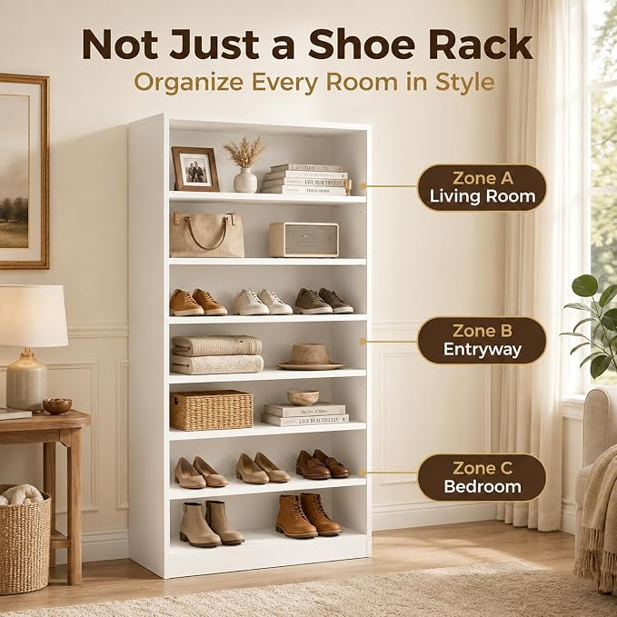 Tall Shoe Rack Cabinet for Closet & Entryway, 2 Pack, White | Wooden Narrow Shoe Organizer Cabinet with Adjustable Shelves, Freestanding, for Bedroom, Hallway