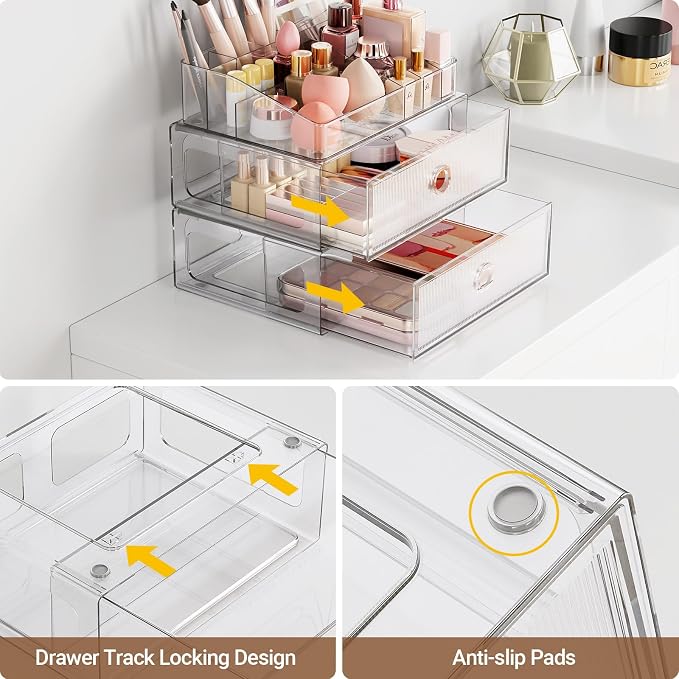 2 Tier Clear Makeup Organizer with Drawer, PET Cosmetic Storage for Dresser, Countertop & Bathroom Vanity, Holders for Lipstick, Brushes, Skincare & Beauty Supplies