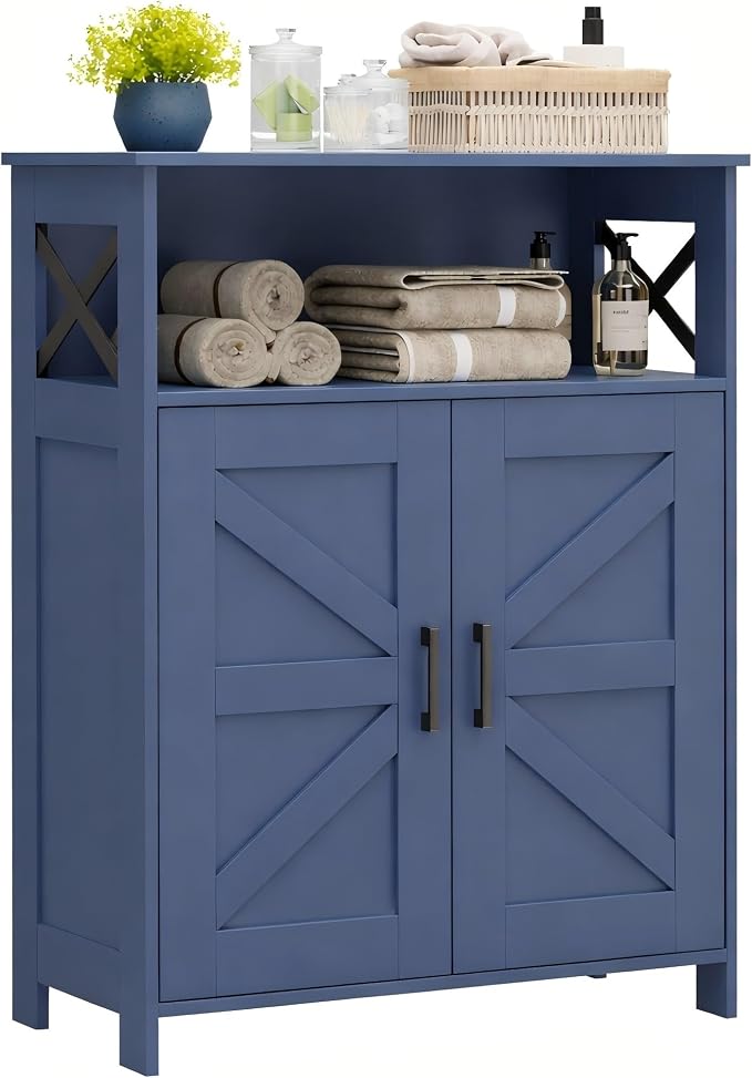 Homhedy Farmhouse Bathroom Storage Cabinet with Doors, Small Floor Cabinet | Toilet Paper Cabinet with Adjustable Shelf, Freestanding Storage Cabinet for Kitchen/Laundry/Living Room, 24"W, Blue