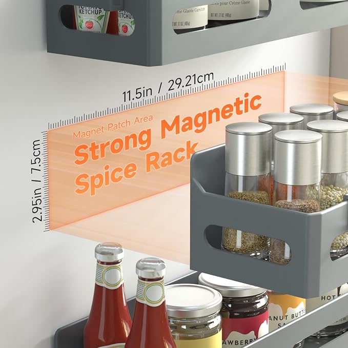 Sevenblue 4-Pack Magnetic Spice Rack for Refrigerator with Hooks, Grey | Strong multipurpose magnetic shelf for kitchen & bathroom organization. Includes 4 removable hooks for hanging items.