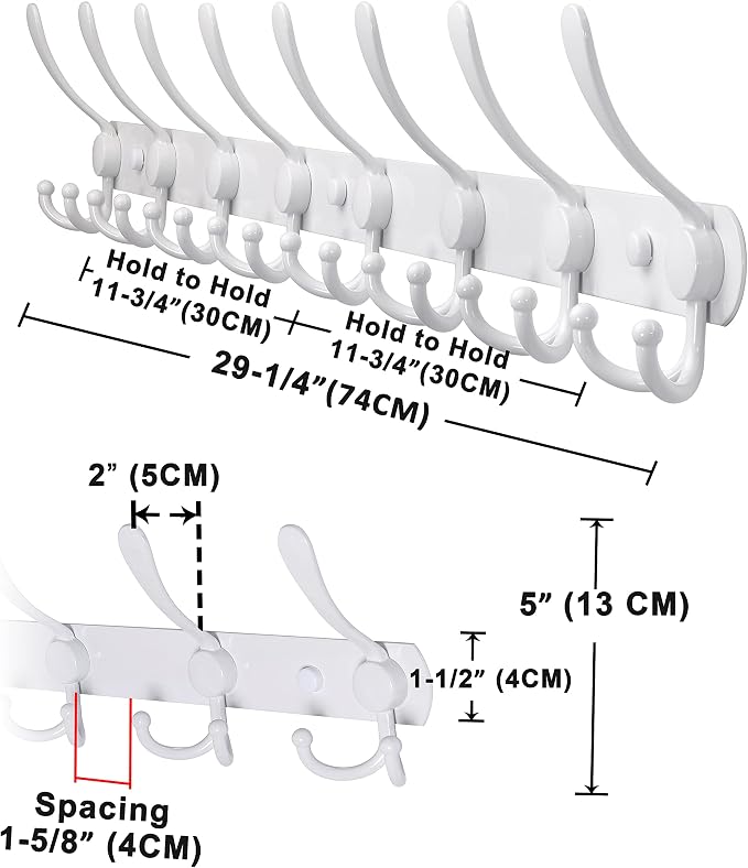 Dseap Coat Rack Wall Mount - 29.5” Long 8-Tri-Hooks Heavy Duty Coat Hanger Rail Wall Hooks for Hanging Coats Hats Clothing Clothes Purse Mudroom Entryway, White, Pack of 2