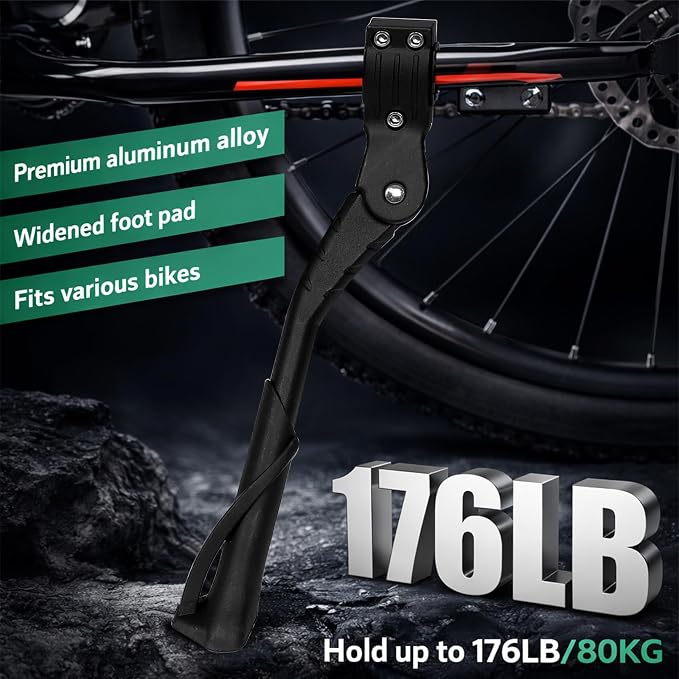 Bike Kickstand for Adult's Bike, Adjustable Rear Side Bicycle Kickstand, Suitable for 24-29 inch Mountain Bikes, E-Bike, BMX, 700C Road/Hybrid Bikes, etc. Aluminum Alloy Maximum Holds 176lbs