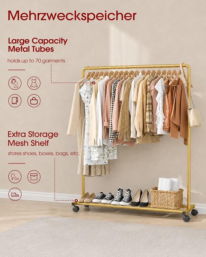 Sakugi Clothes Rack - Clothing Rack with Storage Mesh Shelf & Casters, Heavy-Duty Metal Clothing Rack for Hanging Clothes, Dresses, Coats, Large Load Capacity, Easy Assembly, Gold, 44.3"x16.9"x59.0"