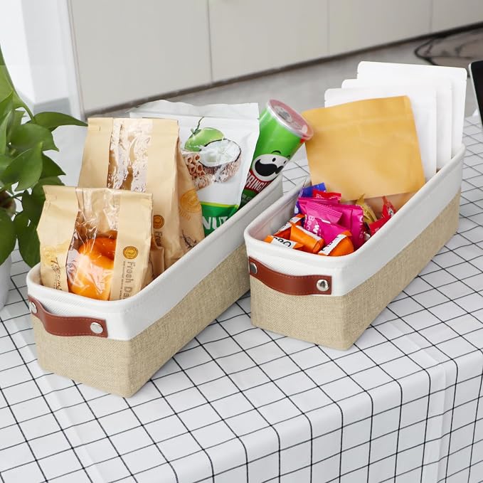 Univivi Small Fabric Storage Bins,15x6x5 inch,4 Pack,Khaki | Metal Frame,Hard Cardboard Bottom,Foldable,with PU Handles,Long Narrow Storage Baskets,Organizing Small Items