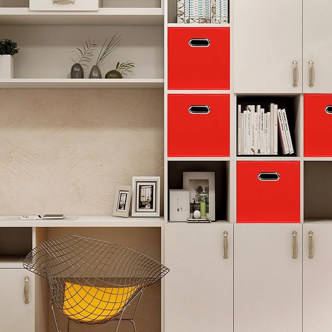Black Foldable Storage Cubes Bins , Fabric Storage Box Cubes Organizer Baskets with Dual Handles for Home Organizer (Red)