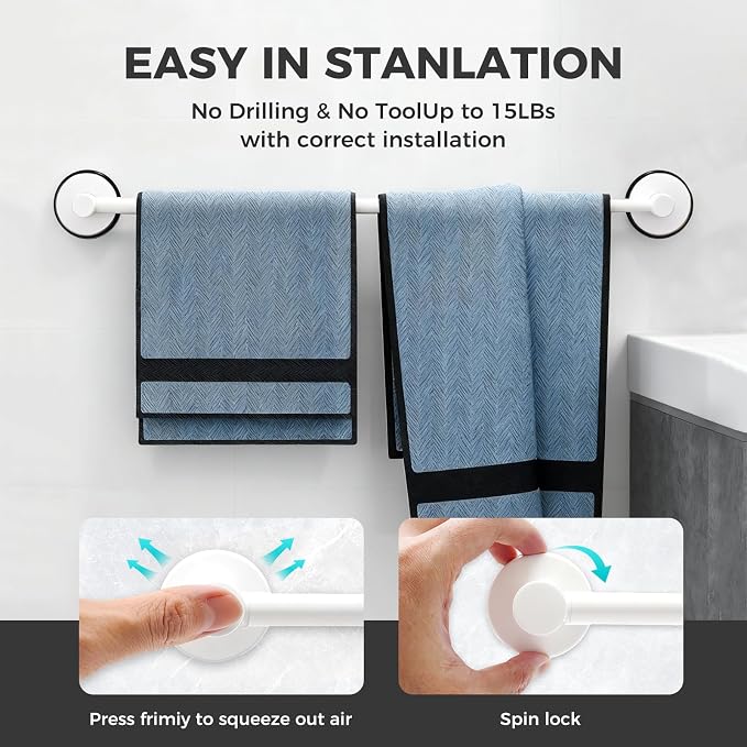 Adjustable Suction Cup Towel Bar for Bathroom Wall,17 Inch~29 Inch Towel Racks for Bathroom,Stainless Steel Bath Towel Holder for Shower,2 Pack(Matte White)