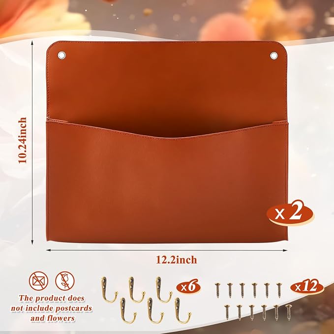 2 Set PU Leather Mail Holder Wall Mount 12.2x10.24 Inch Leather Letter Holder 2 Ring Binder Hanging Wall File Organizer Mail Sorter for Decor Storage Letter Postcard Flower Home Office(Brown)