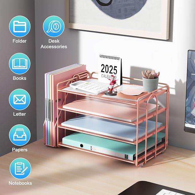 gianotter 4-Tier Paper Organizer With Magazine Holder, Desk Organizers and Accessories, Desk Accessories & Workspace Organizers, File Organizer for Office Supplies Storag (Rose Gold, 4-Tier)