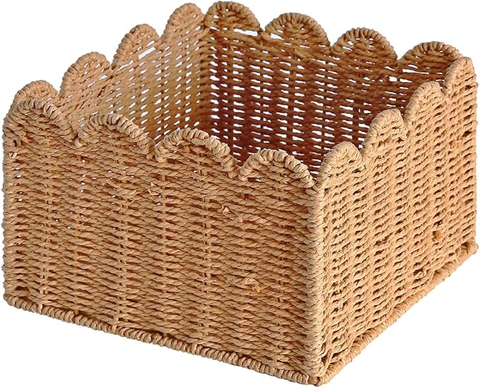 Scalloped Basket, Wicker Storage Baskets, Hand Woven Baskets for Shelves,Natural Baskets for Organizing (S-9.5" L x 9.5" W x 5.5" H)