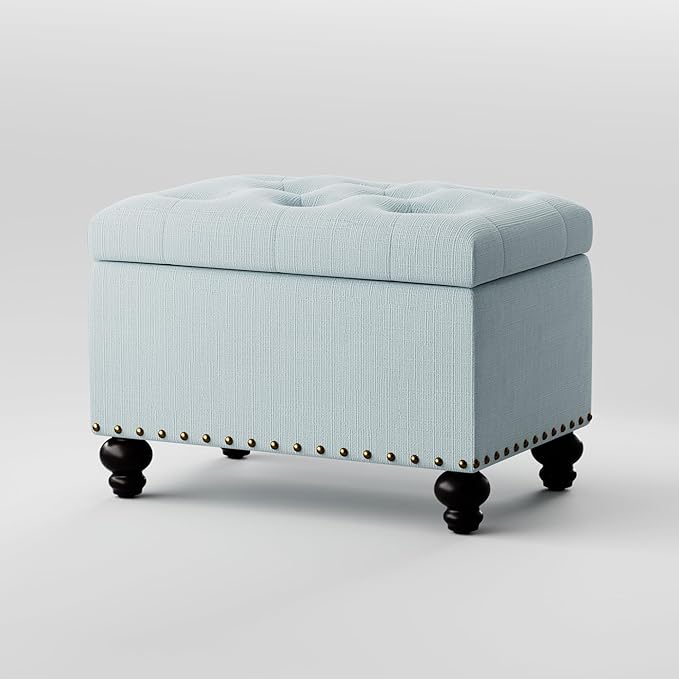 Zihanhome Small Ottoman with Storage, Upholstered Button Tufted Ottoman Foot Rest, Foot Stools, 24" Rectangle Bench with Storage for Living Room, Bedroom, Dorms and Apartments (Light Blue)