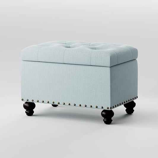 Zihanhome Small Ottoman with Storage, Upholstered Button Tufted Ottoman Foot Rest, Foot Stools, 24" Rectangle Bench with Storage for Living Room, Bedroom, Dorms and Apartments (Light Blue)