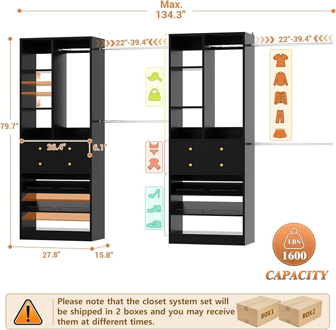 Besiost Closet System, Up to 134"/11.2 FT Closet Organizer with 4 Wooden Drawers and Shelves, Walk-in Closet System with 6 Hanging Rods, Built-in Closet Can Fit 96"/8FT, 120"/10FT, Black Set 2