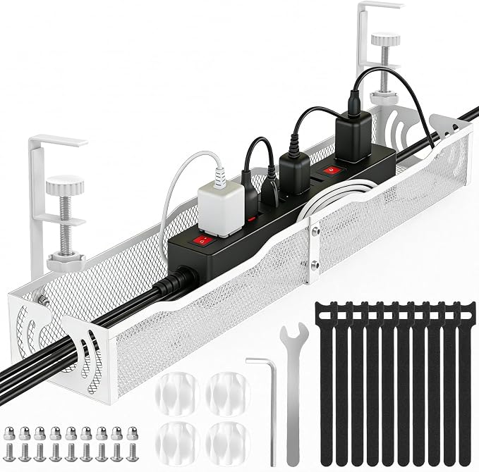 Cable Management, 25.3'' Under Desk Cable Management Tray No Drill | Metal Cable Organizer with Clamp for Wire Management, Cord Organizer for Home Office, Desk Accessories Organizer, White