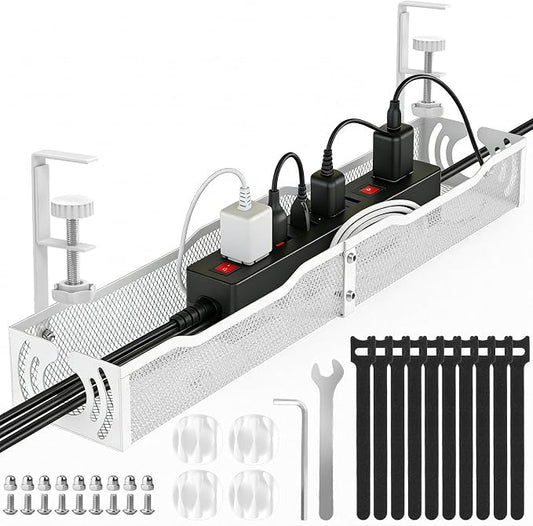 Cable Management, 25.3'' Under Desk Cable Management Tray No Drill | Metal Cable Organizer with Clamp for Wire Management, Cord Organizer for Home Office, Desk Accessories Organizer, White