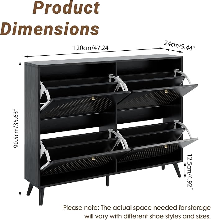 Fsbecl Shoe Storage Cabinet for Entryway with 4 Fluted Flip Drawers, Black | Narrow Design, Freestanding Shoe Rack with Adjustment Shelves, Wooden Hidden Organizer for Hallway Foyer, 16-24 Pairs