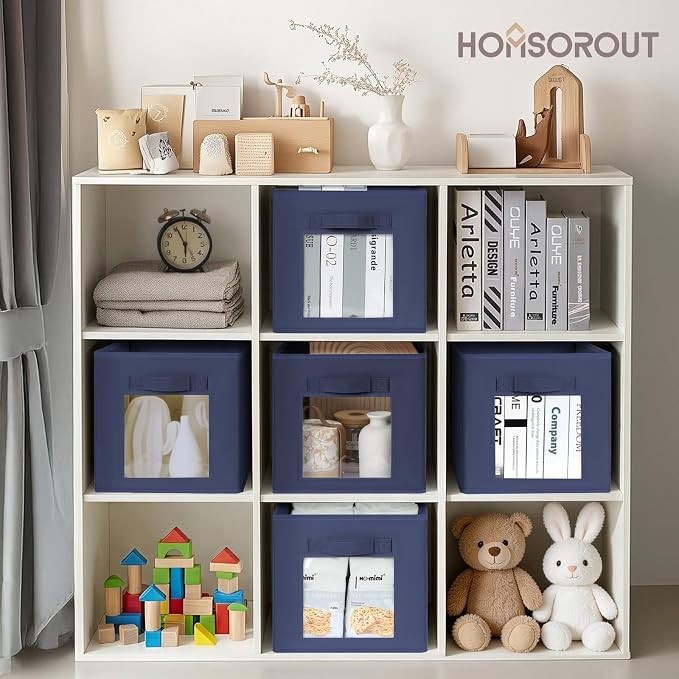 Storage Cube 11 Inch - Cube Storage Bins with Window, Closet Storage Baskets with Handle, Fabric Bins for Closet, Shelves, Toys, Clothes, Set of 8, Navy Blue