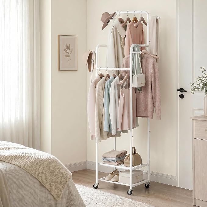 Small Clothing Rack with Wheels, Narrow Rolling Clothes Rack with 2 Shelves | Gasvadivum 71" Tall Sturdy Metal Garment Rack with 4 Hanging Rods & 4 Hooks, Portable Coat Rack for Bedroom, Bathroom, White