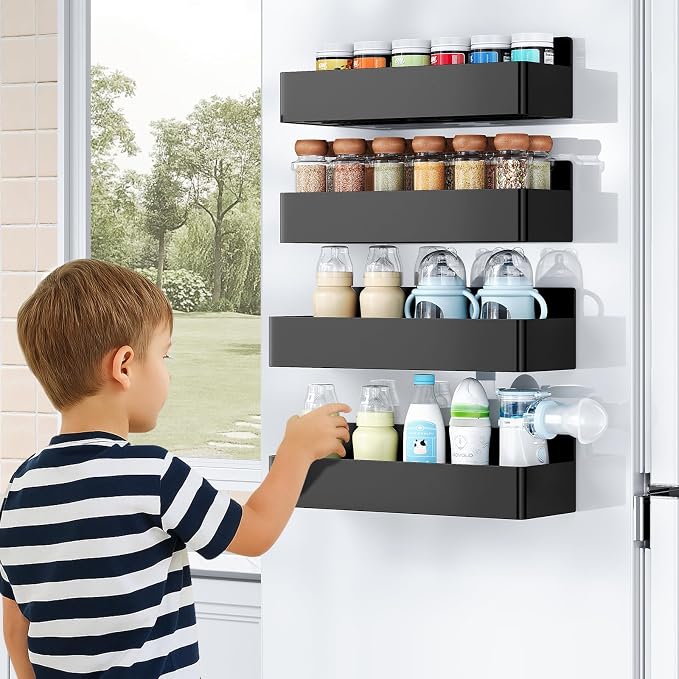 Mystozer Magnetic Spice Rack for Refrigerator, Kitchen Organizer and Storage Shelf, Black (6 Pack)…