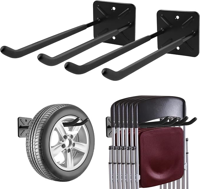 Sinoer 2 Pack Metal Wall Mount Garage Double Storage Hooks | 12.44 inch heavy double wall hooks store ladders, bikes, tires, garden tools & strollers for garage storage