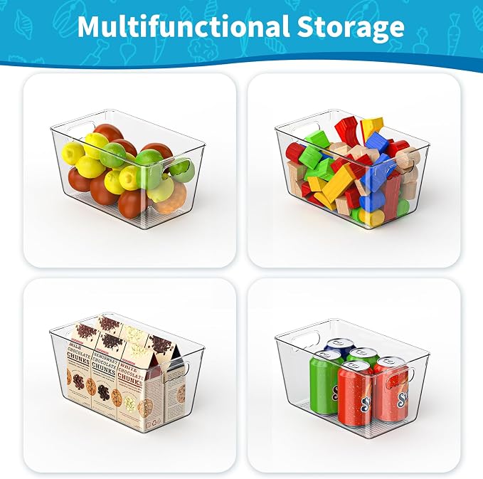 Clear Fridge Organizer Bins with Handles, 4 Pack Medium 10×6×5 Inch | Clear storage bins with handles, food organizer basket for kitchen, fridge, freezer and bedrooms