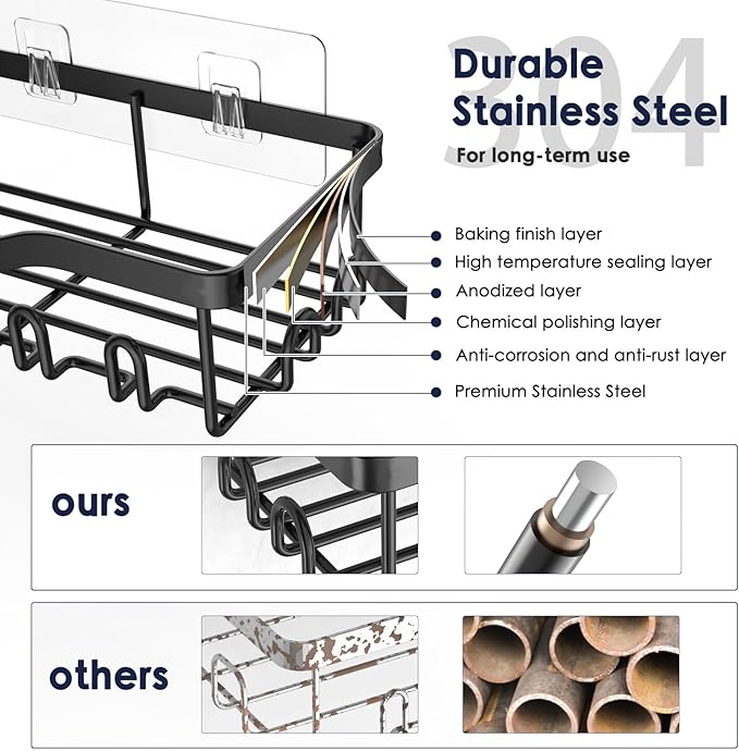 NESOMI 7 Pack Shower Caddy Adhesive,Stainless Steel Shower Organizer Shelf | Rustproof, with Soap Dish Toothbrush Holder, Large Capacity, No-Drill Rack Bathroom Storage Accessories, 24 Hooks, Home Decor