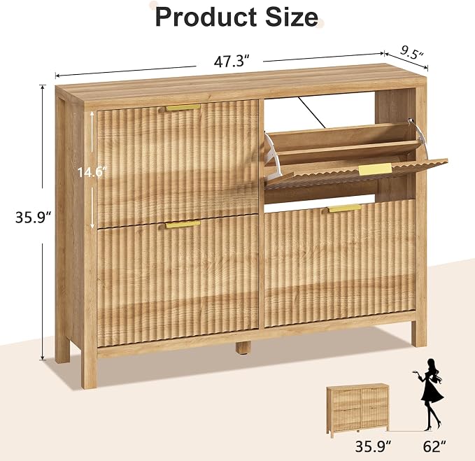 47" Fluted Shoe Cabinet Stoarge with 4 Flip Drawers for Entryway, Hallway | Hidden Shoe Rack Slim Freestanding Shoe Organizer with Legs for Hallway, Living Room, Oak