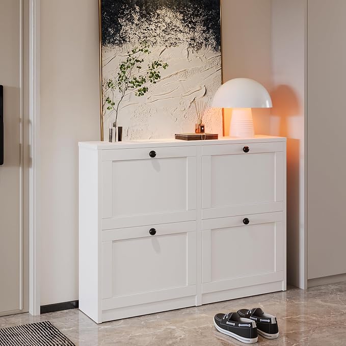 VOWNER Shoe Cabinet with 4 Flip Drawers, Freestanding Shoe Storage Cabinet with Adjustable Shelf & Anti-Tipping Device, Shoe Rack for Entryway, Hallway, Living Room (White) | 4 Flip Drawers
