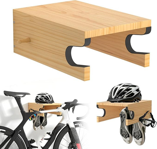 Wooden Bike Wall Mount w/Shelf & Hooks, Road Bike Storage Decor | Solid Wood Rack w/ Angled Slot & Non-Slip Padding Protects Frame. Top Shelf & 4 Hooks For Gear. Stylish For Apartments
