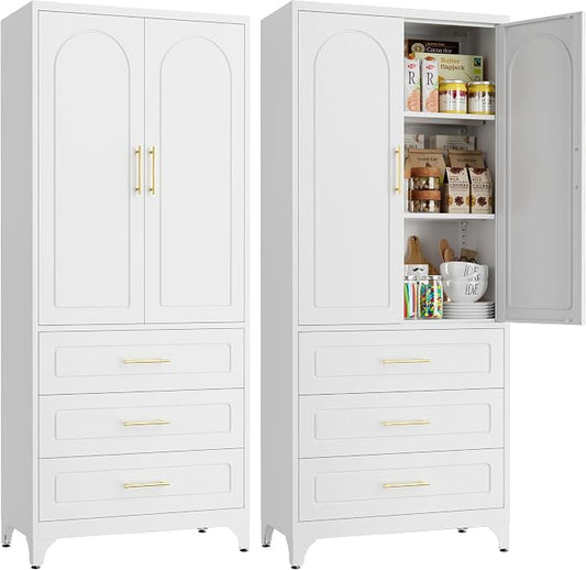SteeLoong 75”Kitchen Pantry Cabinet, Metal Storage Cabinet with 3 Drawers | White Pantry Cabinets for Kitchen Storage with 2 Adjustable Shelves,Tall Freestanding Cupboard for Living Room,Kitchen,Garage