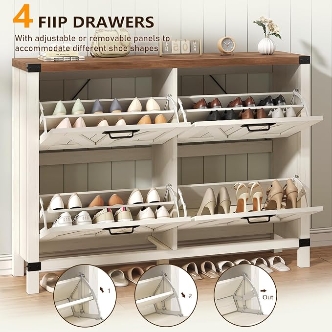 47" Farmhouse Shoe Cabinet with 4 Flip Drawers for Entryway, Hallway | Slim Shoe Rack Freestanding Shoe Organizer with Barn Door, Brown and White