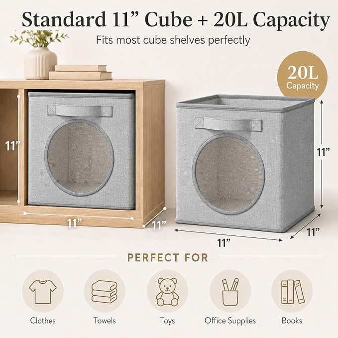 Fabric Storage Cubes with Mesh Window, 11'' Cube Storage Bin, Gray, 4 Pack | See through Round Window, Foldable Odor-Free & Sturdy PP Structure, Cubby Baskets for Closet, Shelves, Bedroom and Offices