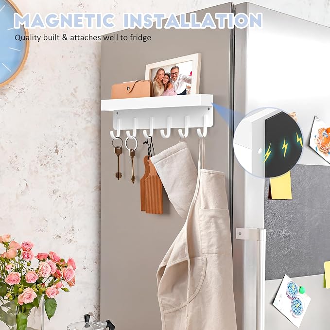 Magnetic Key Holder, Wall Mount Key Rack with Shelf, 9.65 in, White | Metal Material, Small Size, 6 Metal Hooks, 2 Installation Ways, for Fridge, Entryway, Kitchen, Bathroom, Garage, RV, Office