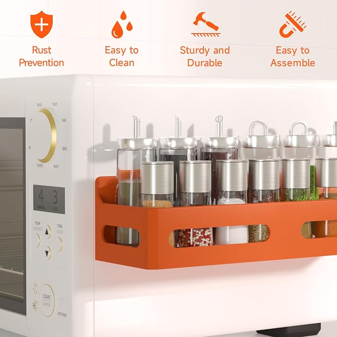 Sevenblue 4-Pack Magnetic Spice Rack for Refrigerator with Hooks, Orange | Strong multipurpose magnetic shelf for kitchen & bathroom organization. Includes 4 removable hooks for hanging items.