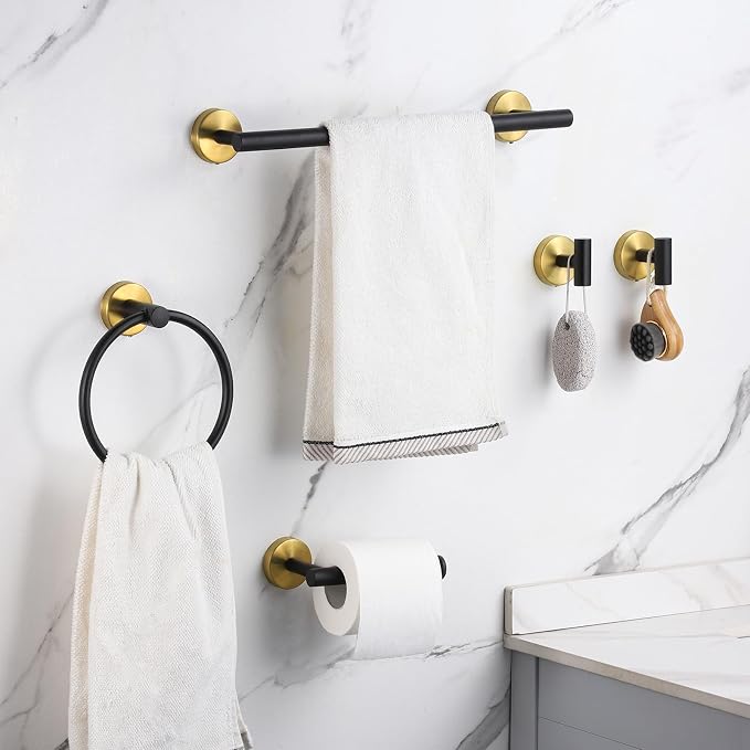 Bathroom Hardware Set 24 Inch, Black Gold Towel Bar Set Including 24" Hand Towel Bars, Toilet Paper Holders, Towel Rings, Robe Towel Hooks