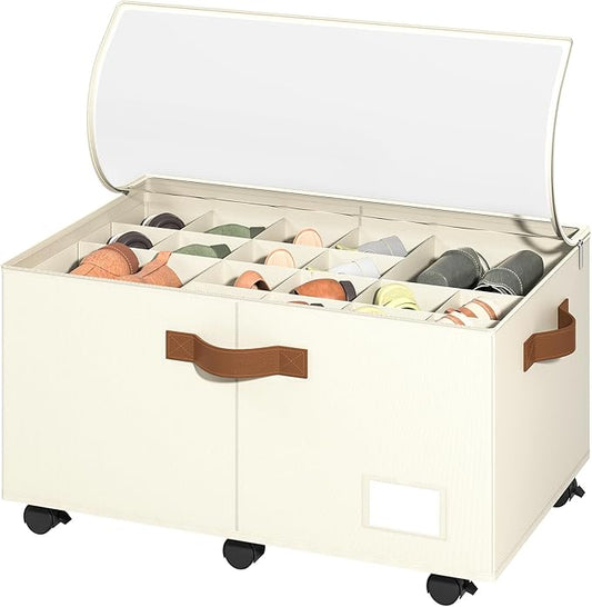 Foyego Shoe Organizer for Closet, Shoe Storage with Wheels, Beige | Fits 24 Pairs, with Adjustable Dividers and Clear Cover, Saving Space Foldable Fabric Closet Shoe Storage Organizer Box Bins
