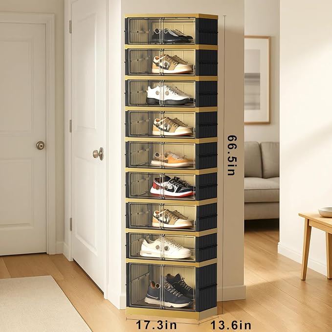 SYNCVIBE Shoe Rack Organizer for Closet Entryway Foldable Sneaker Storage Shoe, Collapsible Shoe Cabinet, Stackable Shoe Storage Cabinet with Lids for Living Room (9 Tiers -18 Pairs Black Gold)