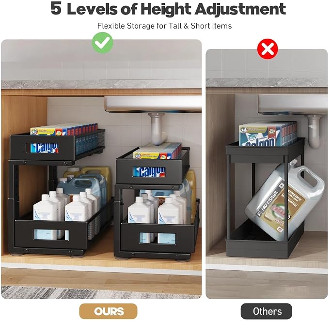 2 Packs 21IN Depth Under Sink Organizer, 2-Tier Pull Out Cabinet Organizer With Smooth Circular Rail, Large Capacity Metal Mesh Sliding Drawers For Bathroom& Kitchen Storage,Height Adjustable-Black
