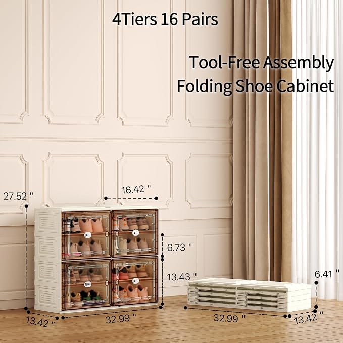 16 Pairs Foldable Shoe Cabinet with Magnetic Clear Doors, Wide Design Shoe Rack for Entryway, Portable Shoe Organizer Meeting Diverse Storage Needs