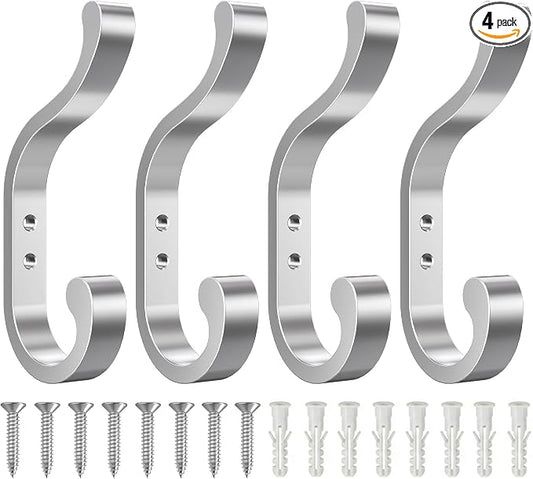 bussdis Coat Hooks Wall Mount for Hanging - Heavy Duty Backpack Hooks for Wall, Hold up to 30 lbs, Large Hanger Hooks for Towels, Purses, Clothes, Mudroom, Bathroom, Door, Silver, 4 Pack