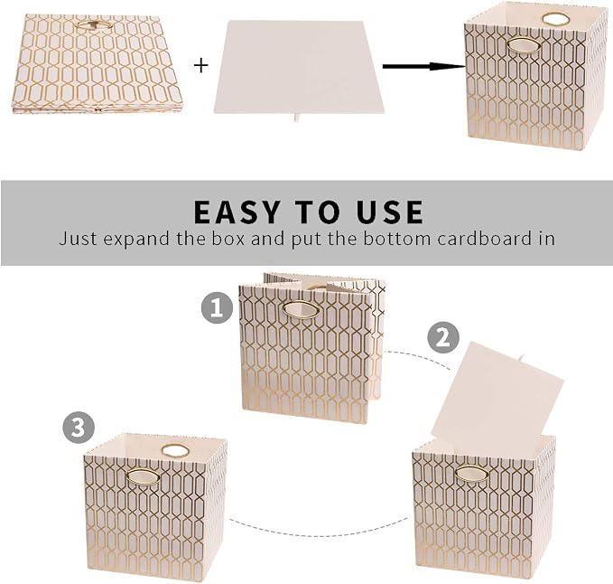 Posprica Storage Bins, Storage Cubes,13×13 Fabric Drawers Organizer Basket Boxes Containers (13×13×13/4pcs, Cream/gold geometry Pattern)