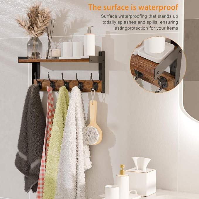 Wall Hooks with Shelf, Wood Coat Rack with Shelf Wall-Mounted, Entryway Hanging Shelves with 5 Metal Hooks for Clothes Hats Towel Purse Robes, Bathroom Mudroom Bedroom, Rustic Brown