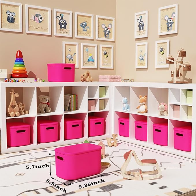 ORGIDOL 6 Pack Pink Storage Bins with Lids Stackable Storage Container for Organizing, Storage Boxes with Handle for Shelves, Cute Storage Bin for Craft, Snacks, 9.85x6.9x5.7 inch