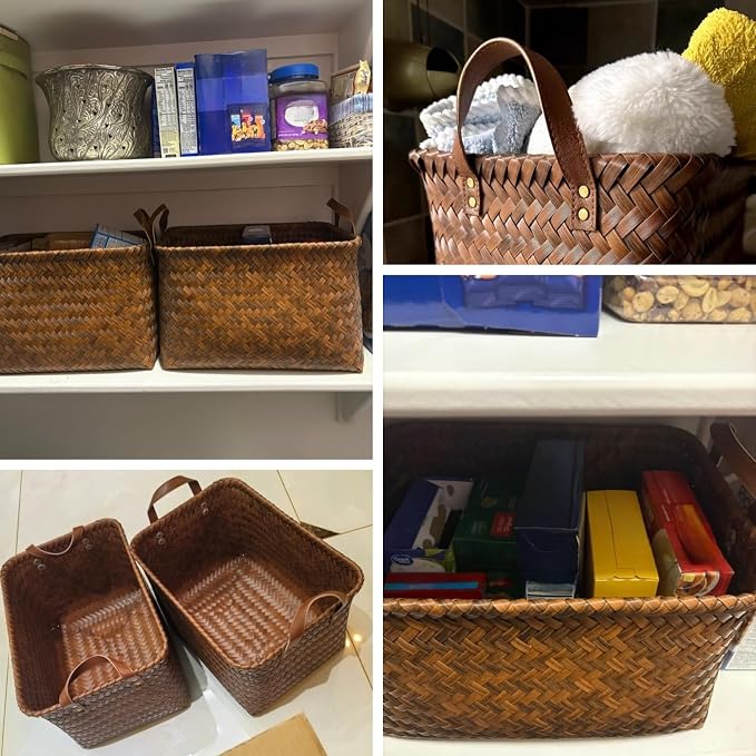 GIB Wicker Woven Storage Baskets for Organizing Blankets Laundry Shelves | Clothes Hamper, Large Closet Storage Bins Organizer, for Living Room Toys Shoes Organization, Plastic Rattan, Brown, 4 Pack